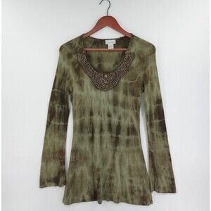 Soft Surroundings Top Womens Small Green Tie-Dye Embellished Beads Shirt Boho